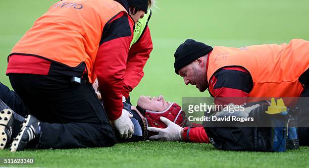 Mouritz Botha of Newcastle receives attention after a neck injury during the Aviva Premiership match between Newcastle Falcons and Northampton Saints...