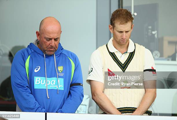 Australian coach Darren Lehmann and Adam Voges of Australia line up for a minutes silence on the fifth anniversary of the Canturbury Earthquakes...