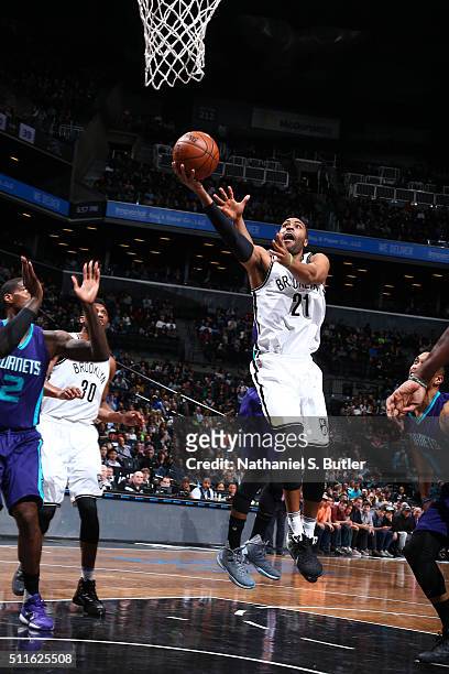 Wayne Ellington of the Brooklyn Nets shoots the ball against the Charlotte Hornets on February 21, 2016 at Barclays Center in Brooklyn, New York....