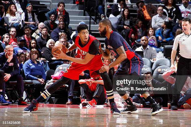 Anthony Davis of the New Orleans Pelicans handles the ball during the game against the Detroit Pistons on February 21, 2016 at The Palace of Auburn...