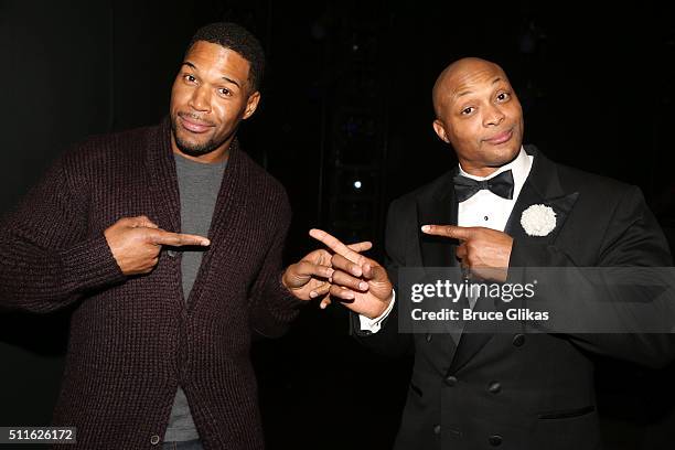 Former Football stars Michael Strahan and Eddie George pose backstage at the hit musical "Chicago" on Broadway at The Ambassador Theatre on February...