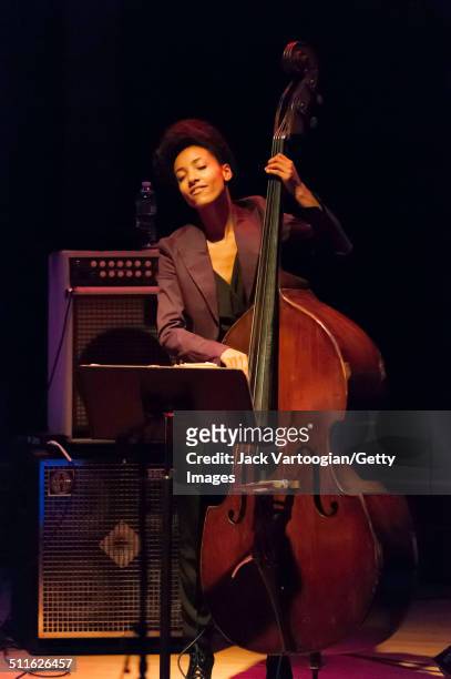 American Jazz musician Esperanza Spalding plays upright acoustic bass as she performs with Joe Lovano's 'Us Five' quintet at Carnegie Hall's Zankel...