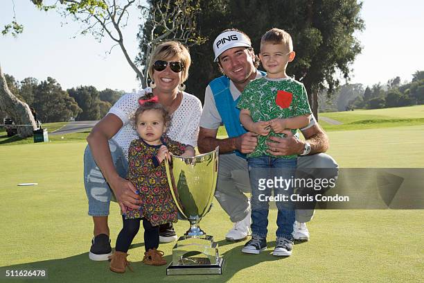 Bubba Watson poses with wife Angie and children Dakota and Caleb after winning the Northern Trust Open at Riviera Country Club on February 21, 2016...