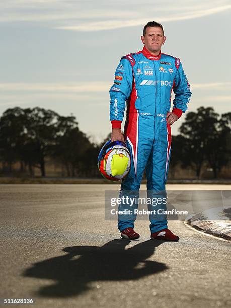 Jason Bright driver of the TEAM BOC Holden poses during a V8 Supercars portrait session on February 22, 2016 at the Winton International Raceway in...