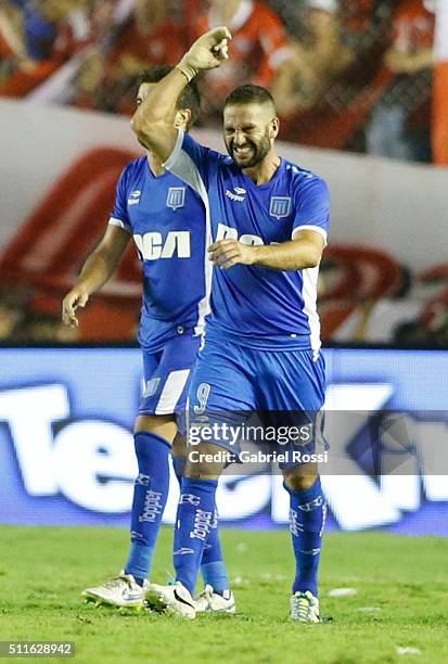 Lisandro Lopez of Racing Club celebrates after scoring the tying goal during the 4th round match between Independiente and Racing Club as part of the...