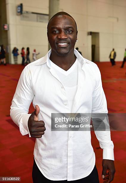 Recording artist Akon attends Bronner Brothers International Beauty Show at Georgia World Congress Center on February 21, 2016 in Atlanta, Georgia.