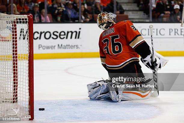 John Gibson of the Anaheim Ducks reacts to a goal during the second period in a game against the Calgary Flames at Honda Center on February 21, 2016...