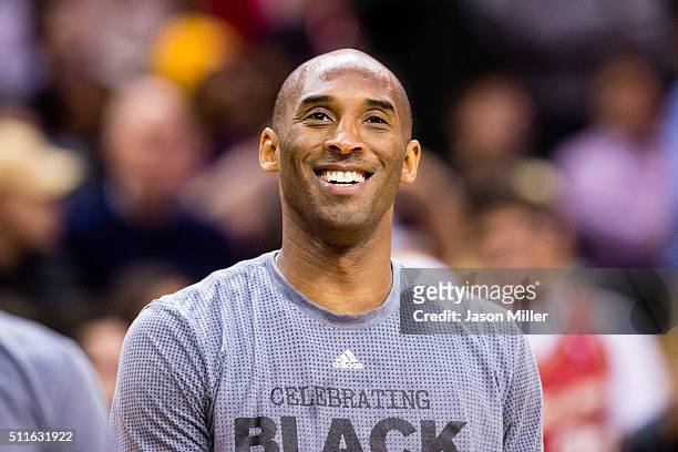 Kobe Bryant of the Los Angeles Lakers warms up on the court prior to the game against the Cleveland Cavaliers at Quicken Loans Arena on February 10,...