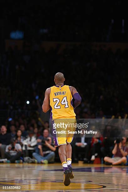 Kobe Bryant of the Los Angeles Lakers runs upcourt during the second half of a game against the San Antonio Spurs at Staples Center on February 19,...