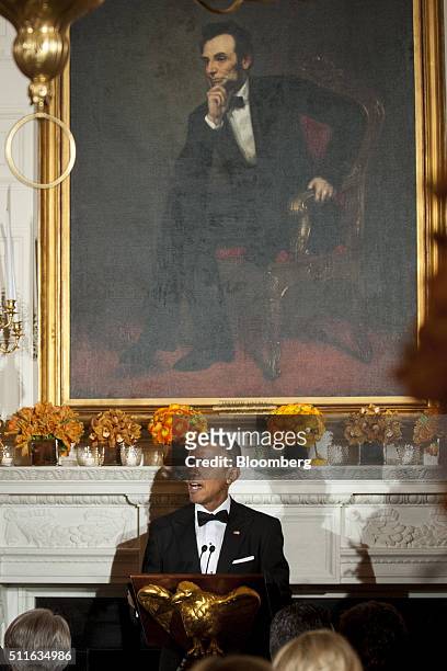 President Barack Obama speaks during a National Governors Association dinner and reception in the State Dining Room of the White House in Washington,...
