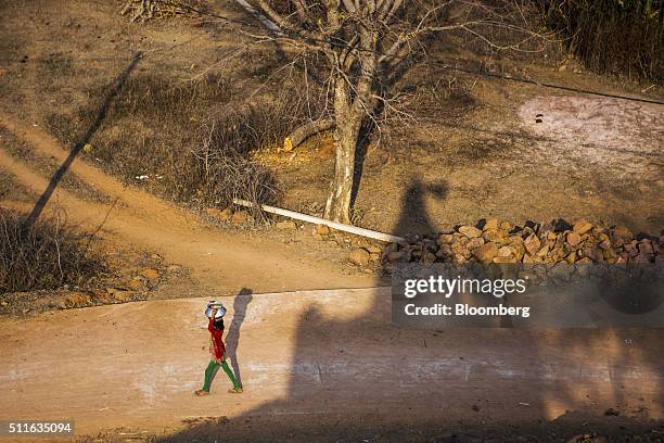 Woman carrying a pot on her head walks along a road in the village of Nagara in Tikamgarh, Madhya Pradesh, India, on Friday, Feb. 8, 2016. Rising...