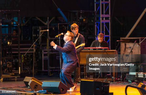 American R&B and Soul singer Paul Janeway leads his band, St Paul and the Broken Bones, at the Lincoln Center Out of Doors Americanafest NYC at...