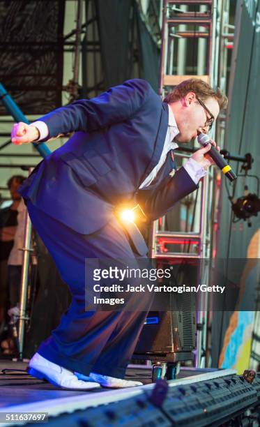 American R&B and Soul singer Paul Janeway leads his band, St Paul and the Broken Bones, at the Lincoln Center Out of Doors Americanafest NYC at...