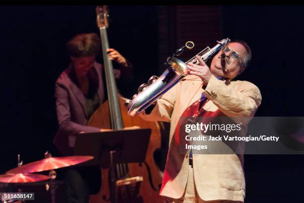 American Jazz musician Joe Lovano plays tenor saxophone as he leads his 'Us Five' quintet at Carnegie Hall's Zankel Hall, New York, New York, October...