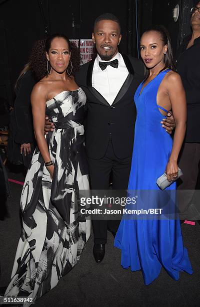 Actors Regina King, Jamie Foxx and Kerry Washington pose backstage at the 2016 ABFF Awards: A Celebration Of Hollywood at The Beverly Hilton Hotel on...