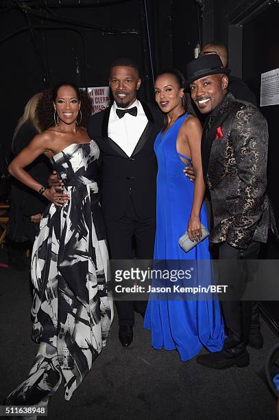 Actors Regina King, Jamie Foxx and Kerry Washington, and honoree Will Packer pose backstage at the 2016 ABFF Awards: A Celebration Of Hollywood at...