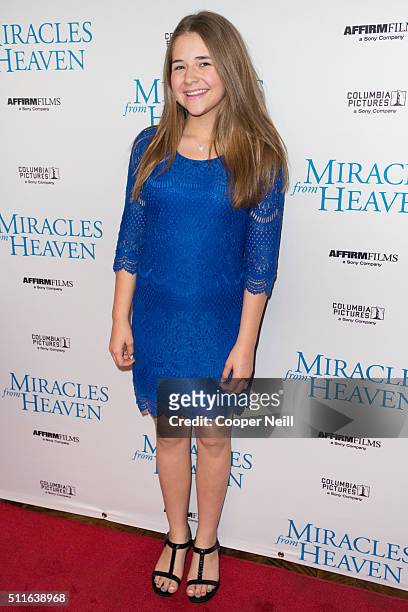 Annabel Beam poses for a photo on the red carpet for the premiere of "Miracles From Heaven" on February 21, 2016 in Dallas, Texas.