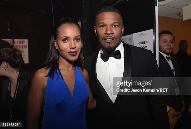 Actors Kerry Washington and Jamie Foxx pose backstage at the 2016 ABFF Awards: A Celebration Of Hollywood at The Beverly Hilton Hotel on February 21,...