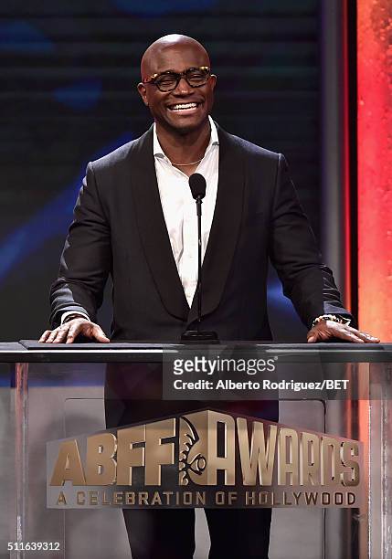 Actor Taye Diggs speaks onstage during the 2016 ABFF Awards: A Celebration Of Hollywood at The Beverly Hilton Hotel on February 21, 2016 in Beverly...