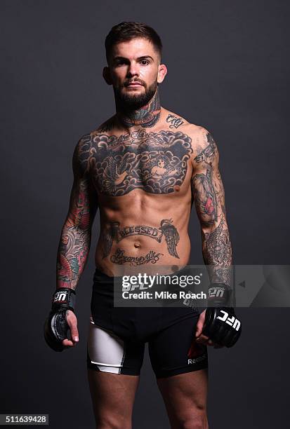 Cody Garbrandt poses for a post fight portrait backstage during the UFC Fight Night event at Consol Energy Center on February 21, 2016 in Pittsburgh,...