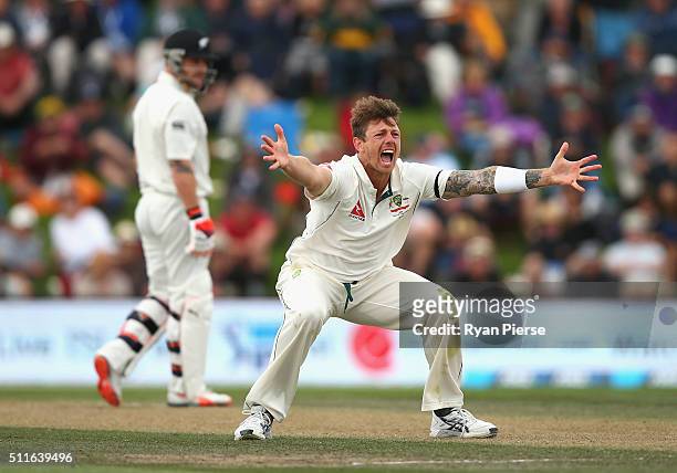 James Pattinson of Australia appeals for the wicket of Brendon McCullum of New Zealand during day three of the Test match between New Zealand and...