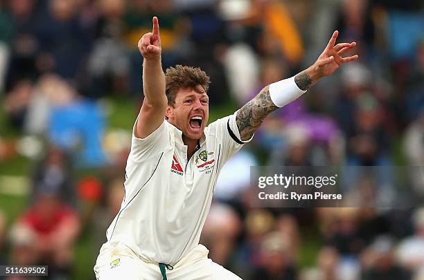 James Pattinson of Australia appeals for the wicket of Brendon McCullum of New Zealand during day three of the Test match between New Zealand and...