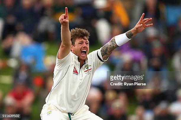 James Pattinson of Australia appeals for the wicket of Brendon McCullum of New Zealand during day three of the Test match between New Zealand and...