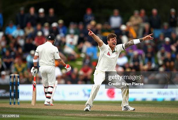 James Pattinson of Australia appeals for the wicket of Brendon McCullum of New Zealand during day three of the Test match between New Zealand and...