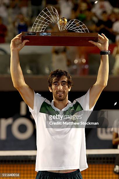 Pablo Cuevas of Uraguay celebrates his win over Guido Pella of Argentina during the final of the Rio Open at Jockey Club Brasileiro on February 21,...