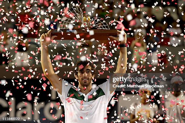 Pablo Cuevas of Uraguay celebrates his win over Guido Pella of Argentina during the final of the Rio Open at Jockey Club Brasileiro on February 21,...