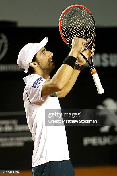 Pablo Cuevas of Uraguay celebrates match point against Guido Pella of Argentina during the final of the Rio Open at Jockey Club Brasileiro on...