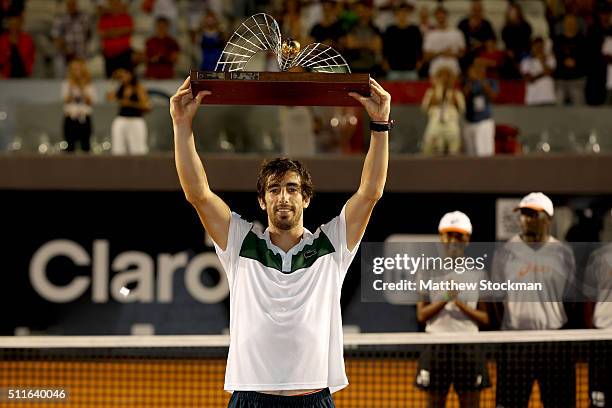 Pablo Cuevas of Uraguay celebrates his win over Guido Pella of Argentina during the final of the Rio Open at Jockey Club Brasileiro on February 21,...