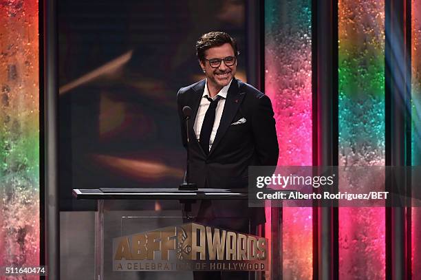 Actor Robert Downey Jr. Speaks onstage during the 2016 ABFF Awards: A Celebration Of Hollywood at The Beverly Hilton Hotel on February 21, 2016 in...