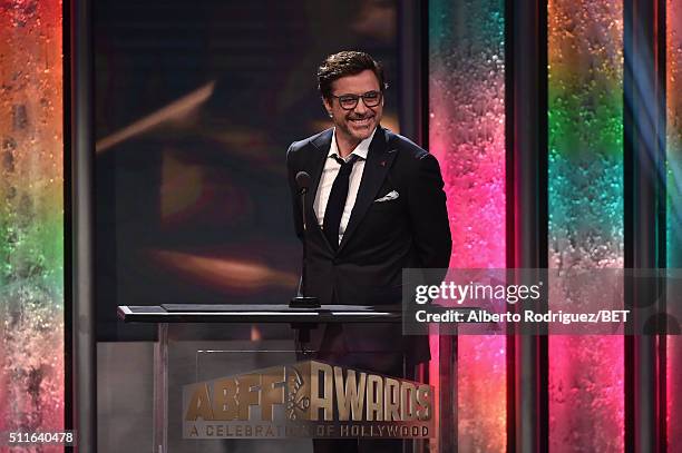 Actor Robert Downey Jr. Speaks onstage during the 2016 ABFF Awards: A Celebration Of Hollywood at The Beverly Hilton Hotel on February 21, 2016 in...