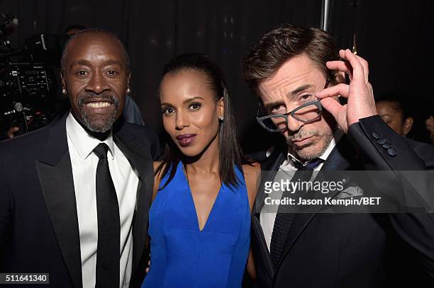 Actors Don Cheadle, Kerry Washington and Robert Downey Jr. Pose backstage at the 2016 ABFF Awards: A Celebration Of Hollywood at The Beverly Hilton...