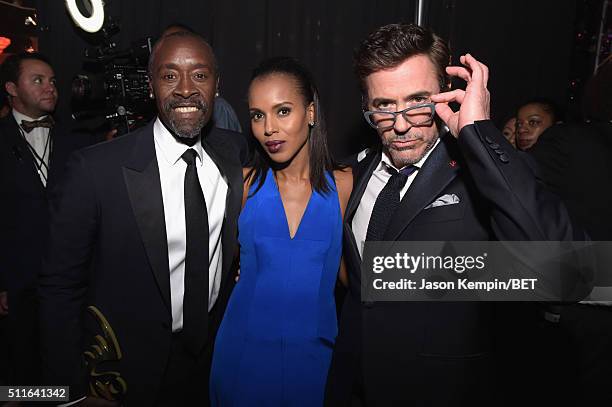 Actors Don Cheadle, Kerry Washington and Robert Downey Jr. Pose backstage at the 2016 ABFF Awards: A Celebration Of Hollywood at The Beverly Hilton...