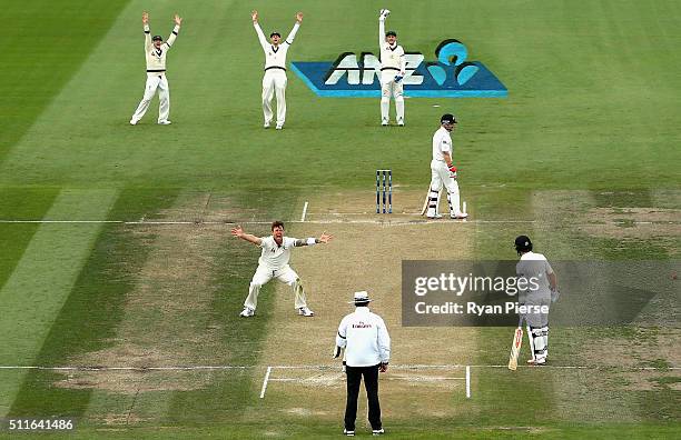 James Pattinson of Australia appeals for the wicket of Brendon McCullum of New Zealand during day three of the Test match between New Zealand and...