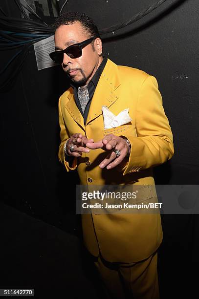 Musician Morris Day poses backstage at the 2016 ABFF Awards: A Celebration Of Hollywood at The Beverly Hilton Hotel on February 21, 2016 in Beverly...