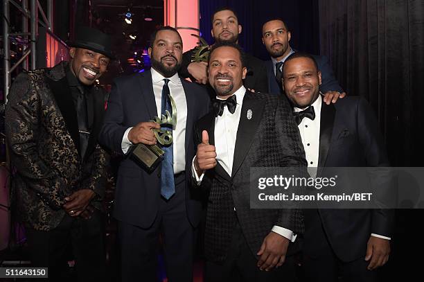 Producer Will Packer, actor-rapper Ice Cube, host Mike Epps, actors O'Shea Jackson Jr., Omari Hardwick and Anthony Anderson pose backstage at the...