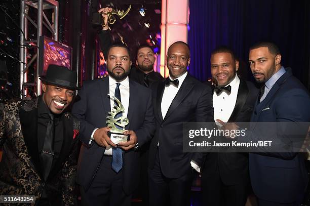 Producer Will Packer, actor-rapper Ice Cube with the Film of the Year Award for 'Straight Outta Compton,' actor O'Shea Jackson Jr., American Black...