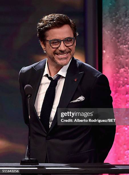 Actor Robert Downey Jr. Speaks onstage during the 2016 ABFF Awards: A Celebration Of Hollywood at The Beverly Hilton Hotel on February 21, 2016 in...