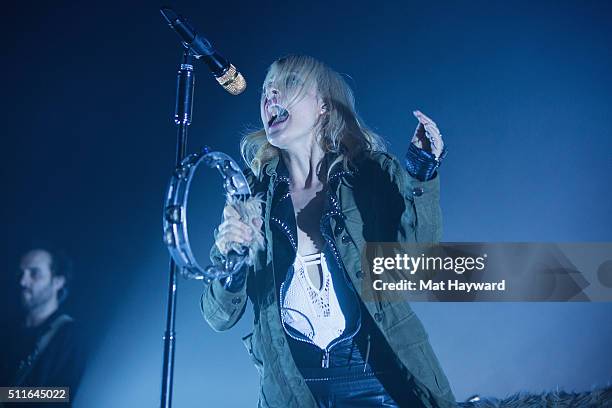 Emily Haines of Metric performs on stage at The Moore Theater on February 21, 2016 in Seattle, Washington.