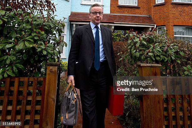 Justice Secretary Michael Gove departs his West London home on February 22, 2016 in London, England. Mr Gove will campaign for Britain to leave the...