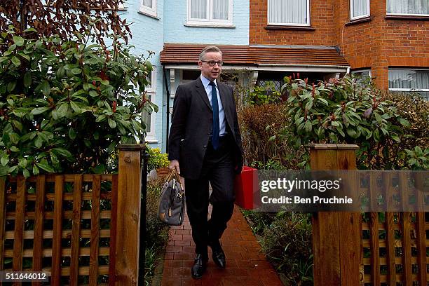 Justice Secretary Michael Gove departs his West London home on February 22, 2016 in London, England. Mr Gove will campaign for Britain to leave the...