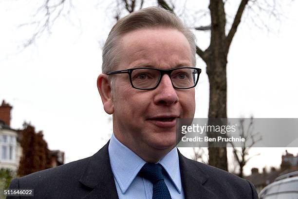 Justice Secretary Michael Gove departs his West London home on February 22, 2016 in London, England. Mr Gove will campaign for Britain to leave the...