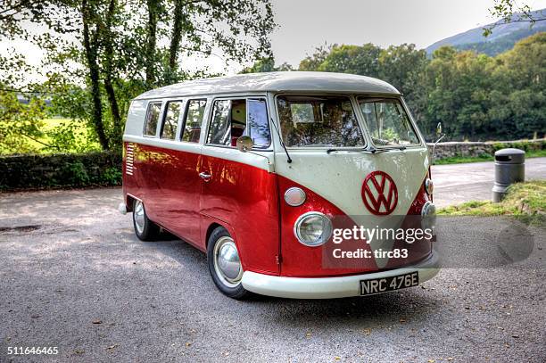 old fashioned vw campervan on welsh country lane - vw stock pictures, royalty-free photos & images