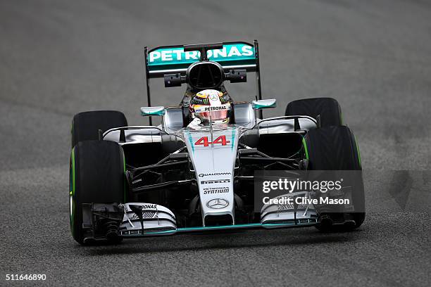 Lewis Hamilton of Great Britain and Mercedes GP drives during day one of F1 winter testing at Circuit de Catalunya on February 22, 2016 in Montmelo,...