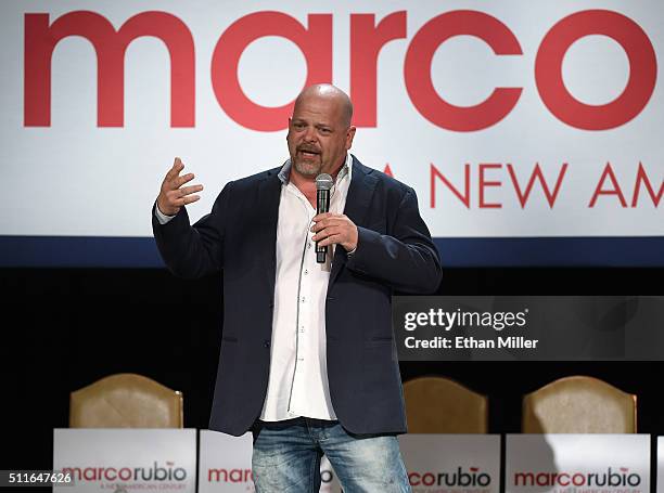 Rick Harrison from History's "Pawn Stars" television series speaks at a rally for Republican presidential candidate Sen. Marco Rubio at the Texas...