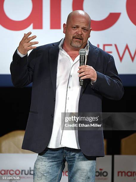 Rick Harrison from History's "Pawn Stars" television series speaks at a rally for Republican presidential candidate Sen. Marco Rubio at the Texas...