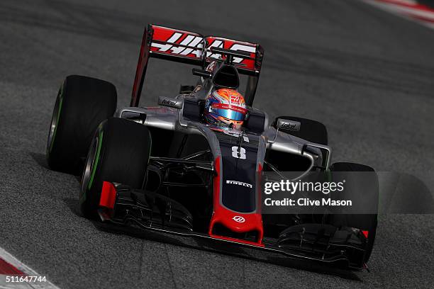 Romain Grosjean of France and Haas F1 drives during day one of F1 winter testing at Circuit de Catalunya on February 22, 2016 in Montmelo, Spain.